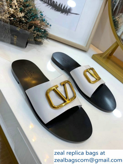 Valentino Cowhide Slip-On Slide Sandals White With Go Logo Detail 2019