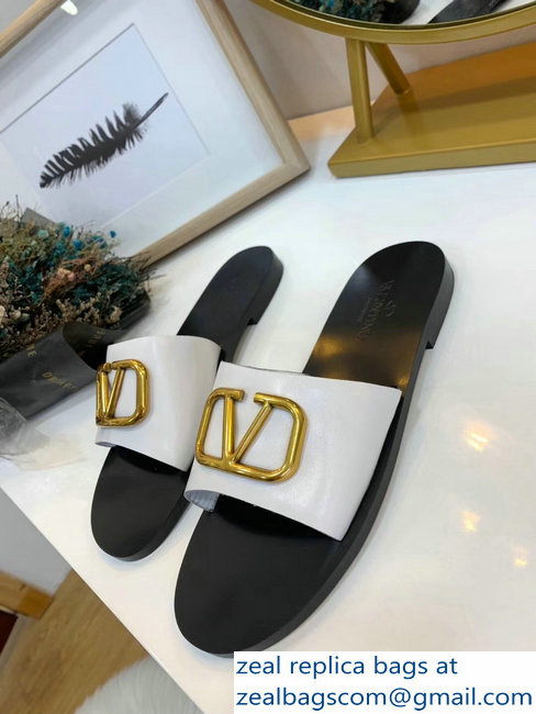 Valentino Cowhide Slip-On Slide Sandals White With Go Logo Detail 2019 - Click Image to Close