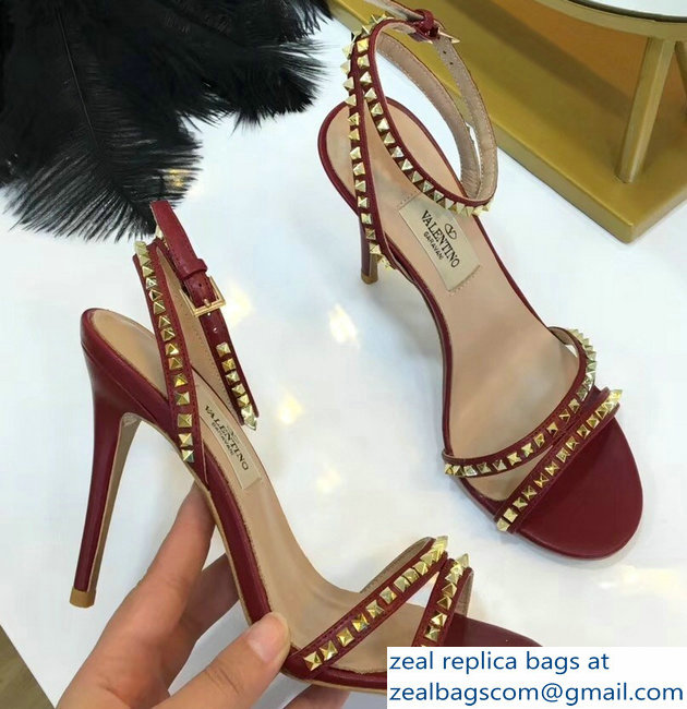 Valentino Heel 10cm Rockstud Around Sandals Burgundy 2019 - Click Image to Close