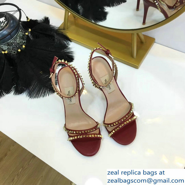 Valentino Heel 10cm Rockstud Around Sandals Burgundy 2019 - Click Image to Close