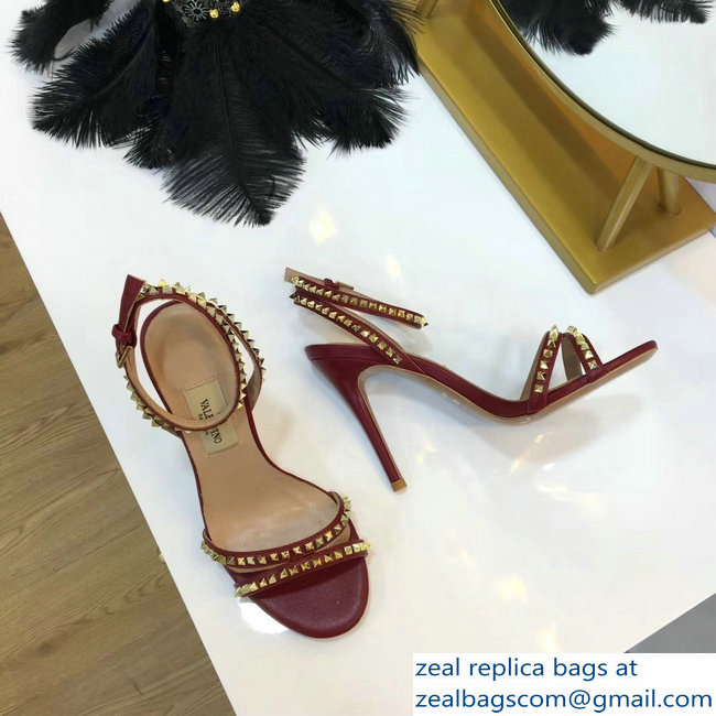 Valentino Heel 10cm Rockstud Around Sandals Burgundy 2019 - Click Image to Close