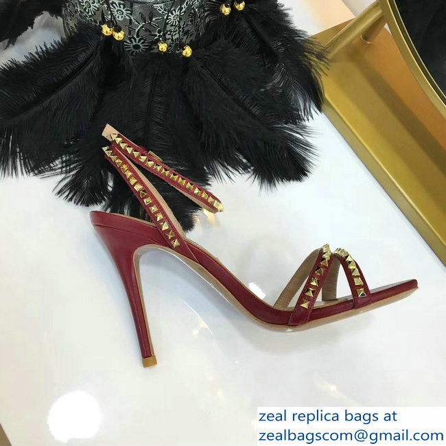 Valentino Heel 10cm Rockstud Around Sandals Burgundy 2019 - Click Image to Close