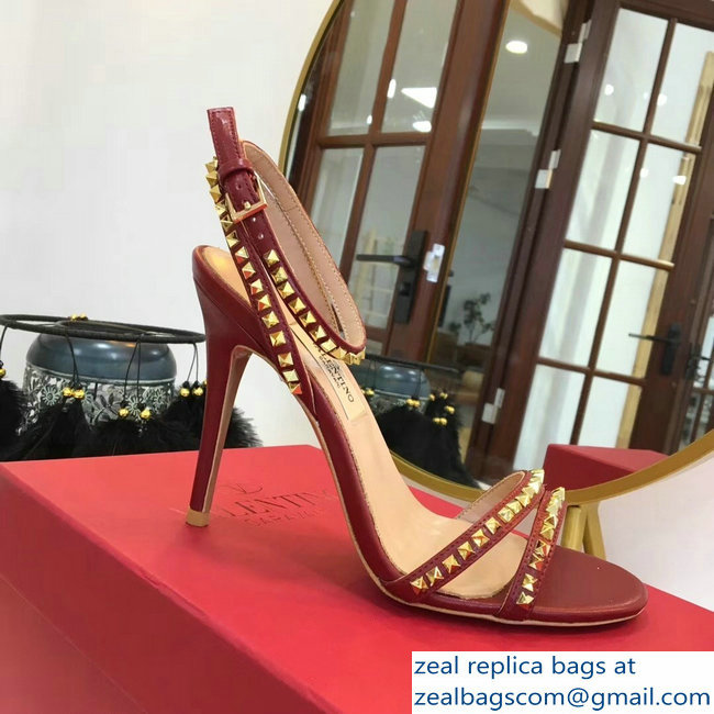 Valentino Heel 10cm Rockstud Around Sandals Burgundy 2019 - Click Image to Close