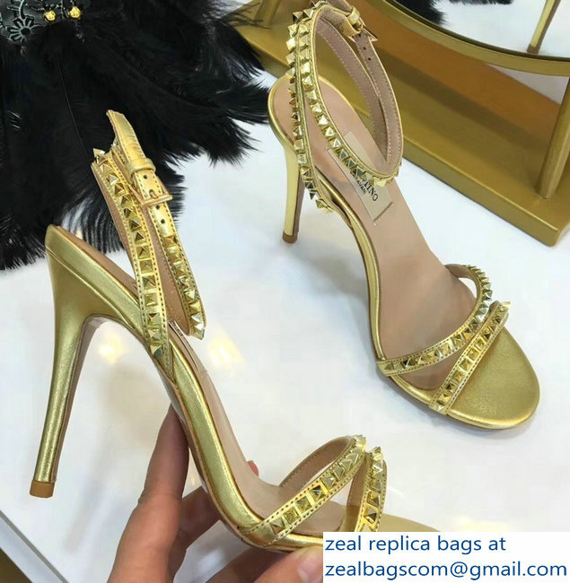 Valentino Heel 10cm Rockstud Around Sandals Gold 2019 - Click Image to Close