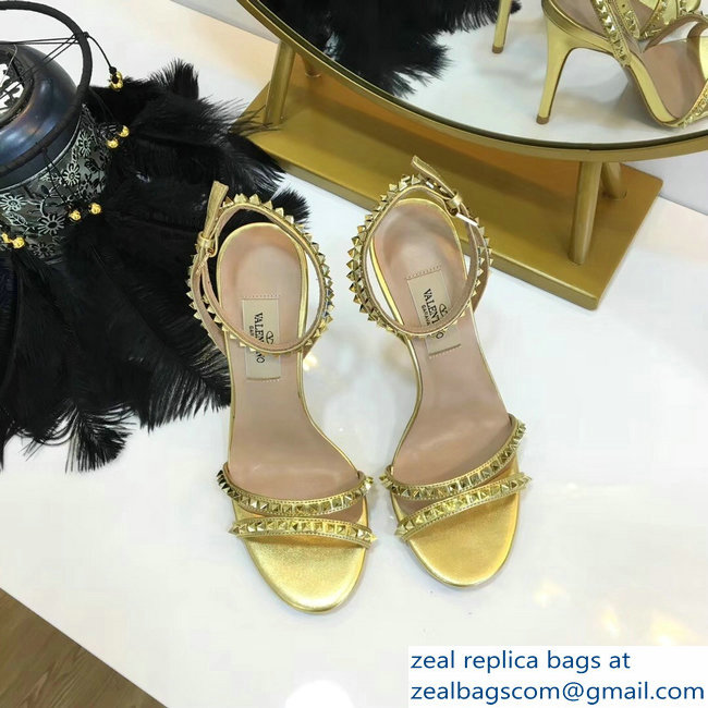 Valentino Heel 10cm Rockstud Around Sandals Gold 2019 - Click Image to Close