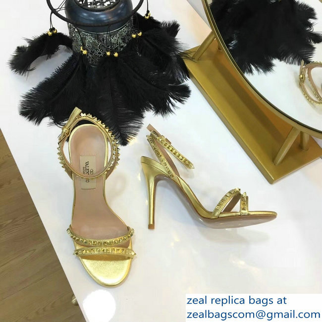 Valentino Heel 10cm Rockstud Around Sandals Gold 2019 - Click Image to Close