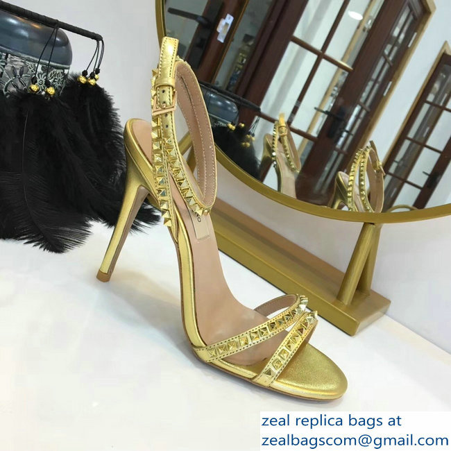 Valentino Heel 10cm Rockstud Around Sandals Gold 2019 - Click Image to Close