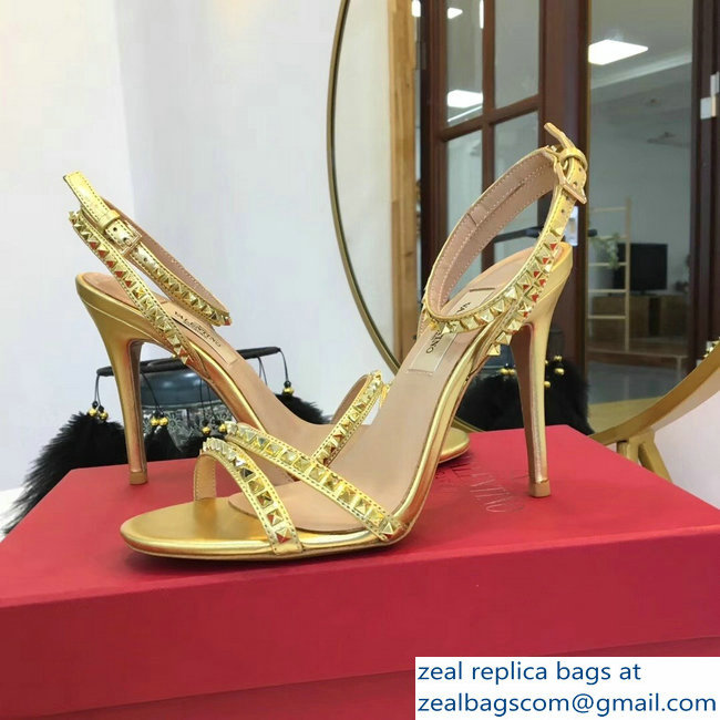 Valentino Heel 10cm Rockstud Around Sandals Gold 2019 - Click Image to Close
