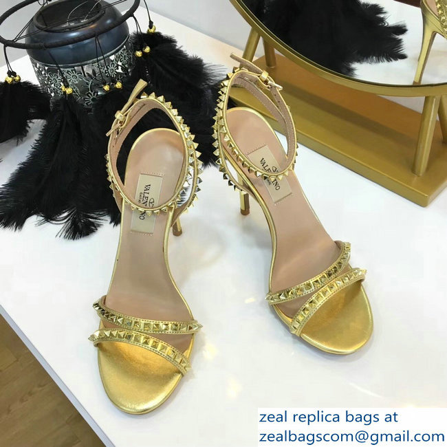 Valentino Heel 10cm Rockstud Around Sandals Gold 2019 - Click Image to Close