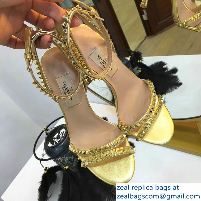 Valentino Heel 10cm Rockstud Around Sandals Gold 2019 - Click Image to Close