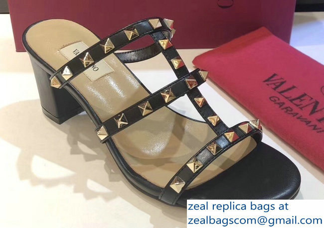 Valentino Heel 6.5cm Rockstud Mules Slide Sandals Black - Click Image to Close
