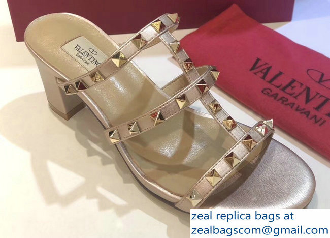 Valentino Heel 6.5cm Rockstud Mules Slide Sandals Gold - Click Image to Close