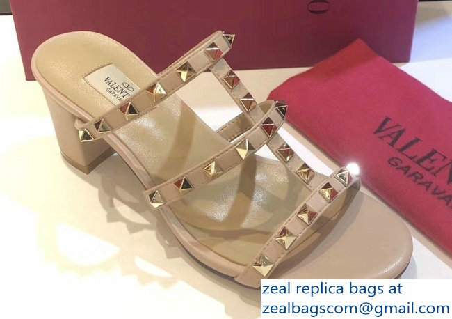 Valentino Heel 6.5cm Rockstud Mules Slide Sandals Nude