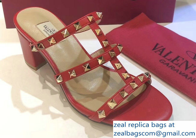 Valentino Heel 6.5cm Rockstud Mules Slide Sandals Red - Click Image to Close