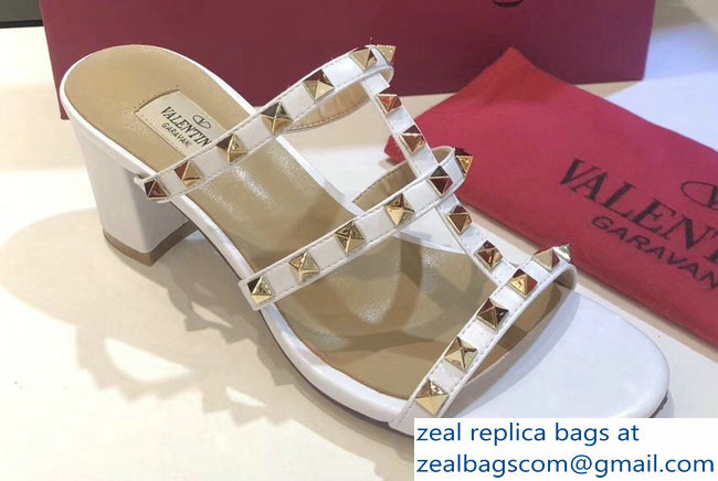 Valentino Heel 6.5cm Rockstud Mules Slide Sandals White - Click Image to Close