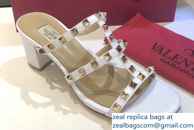 Valentino Heel 6.5cm Rockstud Mules Slide Sandals White
