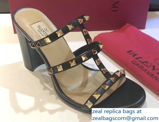 Valentino Heel 9.5cm Rockstud Mules Slide Sandals Black - Click Image to Close