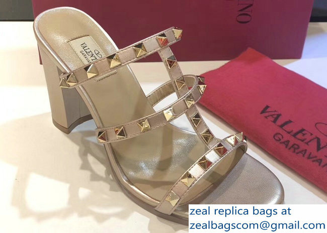 Valentino Heel 9.5cm Rockstud Mules Slide Sandals Gold - Click Image to Close