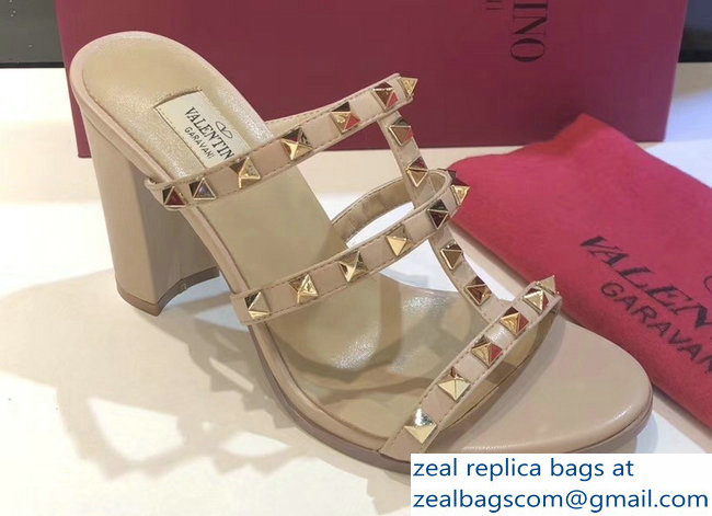 Valentino Heel 9.5cm Rockstud Mules Slide Sandals Nude - Click Image to Close