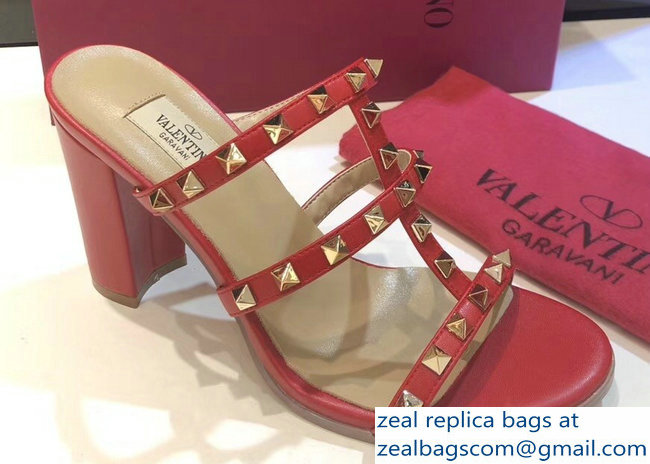 Valentino Heel 9.5cm Rockstud Mules Slide Sandals Red - Click Image to Close