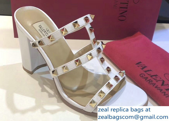 Valentino Heel 9.5cm Rockstud Mules Slide Sandals White - Click Image to Close