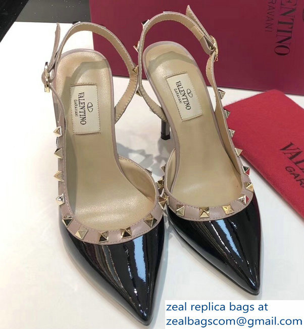 Valentino Heel 9.5cm Rockstud Patent Leather Slingback Pumps Black - Click Image to Close