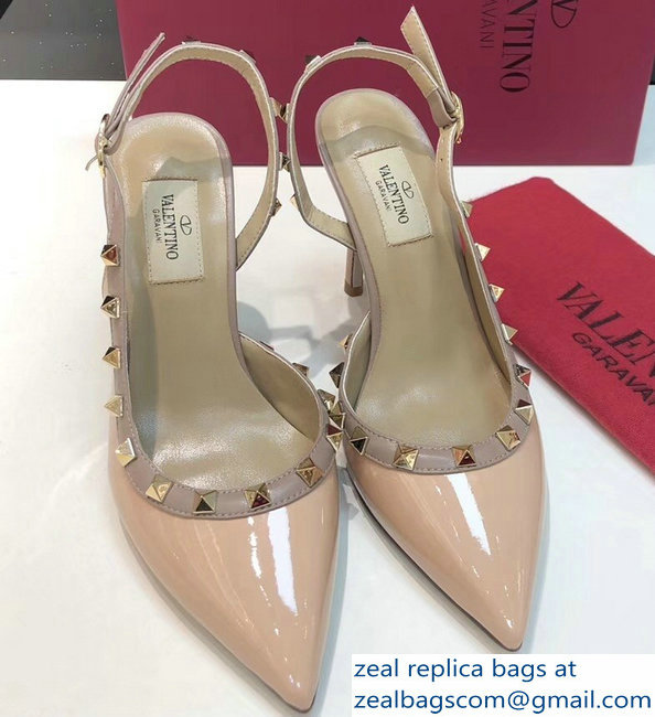 Valentino Heel 9.5cm Rockstud Patent Leather Slingback Pumps Nude - Click Image to Close