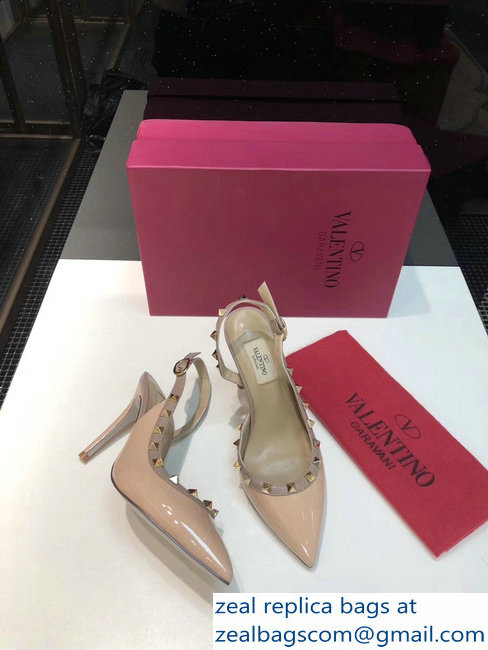 Valentino Heel 9.5cm Rockstud Patent Leather Slingback Pumps Nude