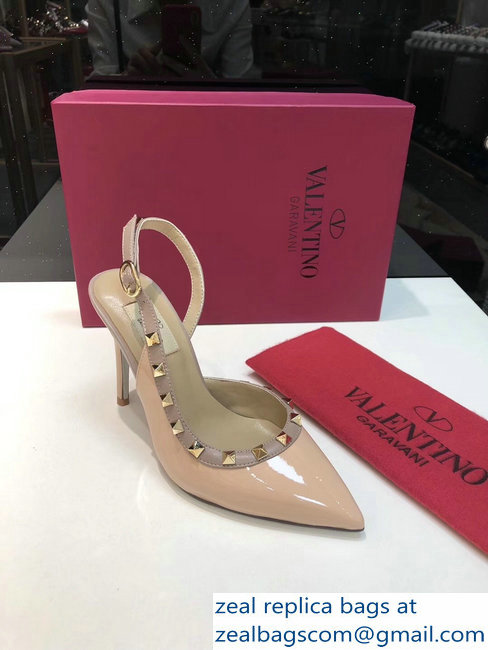 Valentino Heel 9.5cm Rockstud Patent Leather Slingback Pumps Nude - Click Image to Close