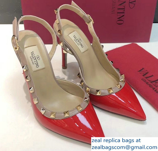 Valentino Heel 9.5cm Rockstud Patent Leather Slingback Pumps Red - Click Image to Close