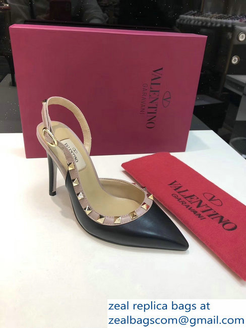 Valentino Heel 9.5cm Rockstud Sheepskin Slingback Pumps Black