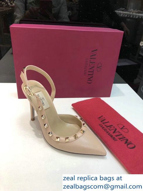 Valentino Heel 9.5cm Rockstud Sheepskin Slingback Pumps Nude - Click Image to Close