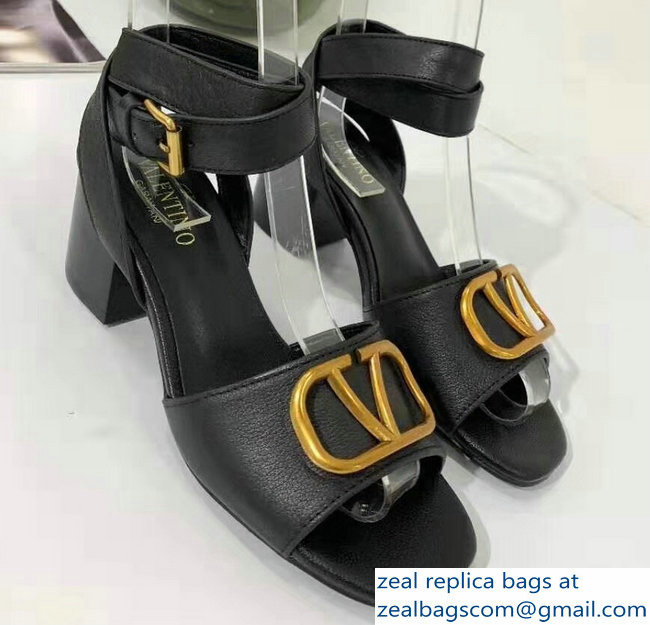 Valentino Mid-Heel Cowhide Sandals Black With Go Logo Detail 2019 - Click Image to Close