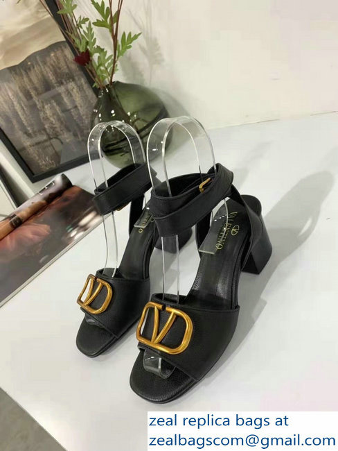 Valentino Mid-Heel Cowhide Sandals Black With Go Logo Detail 2019