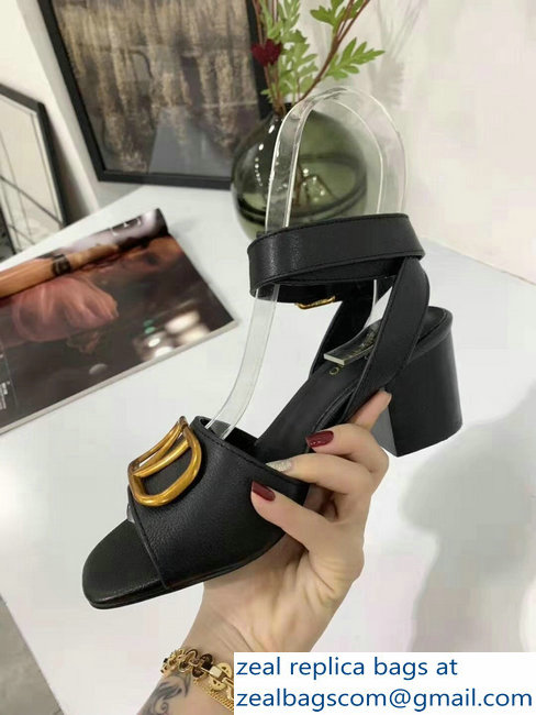 Valentino Mid-Heel Cowhide Sandals Black With Go Logo Detail 2019