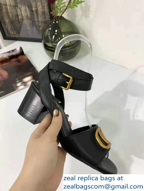 Valentino Mid-Heel Cowhide Sandals Black With Go Logo Detail 2019