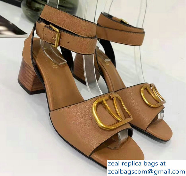 Valentino Mid-Heel Cowhide Sandals Brown With Go Logo Detail 2019 - Click Image to Close