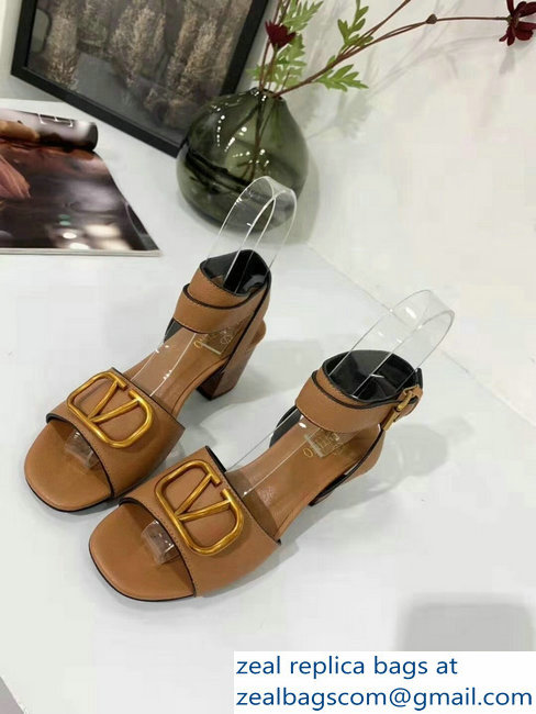 Valentino Mid-Heel Cowhide Sandals Brown With Go Logo Detail 2019