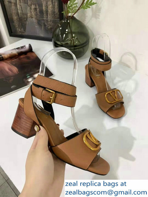 Valentino Mid-Heel Cowhide Sandals Brown With Go Logo Detail 2019