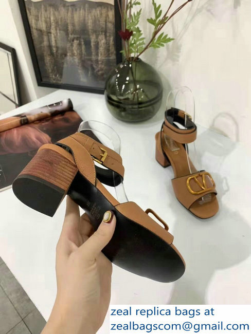 Valentino Mid-Heel Cowhide Sandals Brown With Go Logo Detail 2019