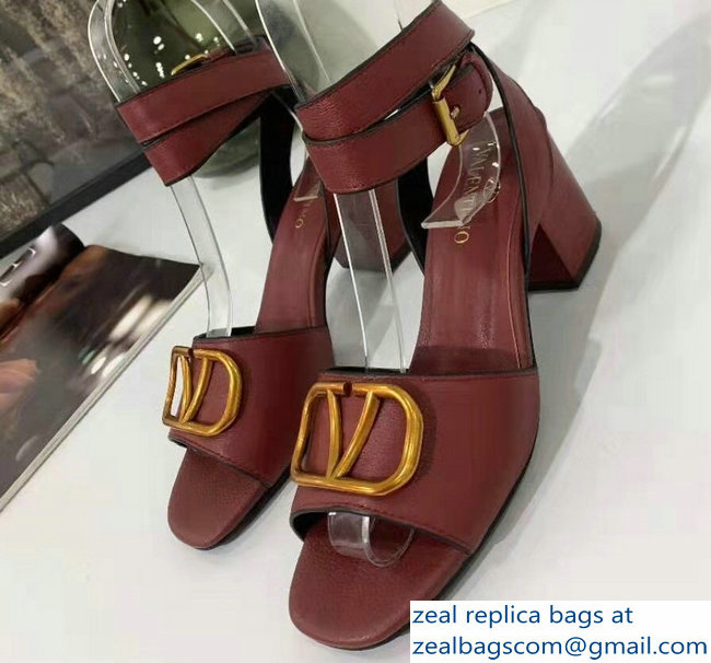 Valentino Mid-Heel Cowhide Sandals Burgundy With Go Logo Detail 2019 - Click Image to Close