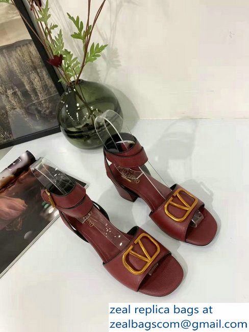 Valentino Mid-Heel Cowhide Sandals Burgundy With Go Logo Detail 2019 - Click Image to Close