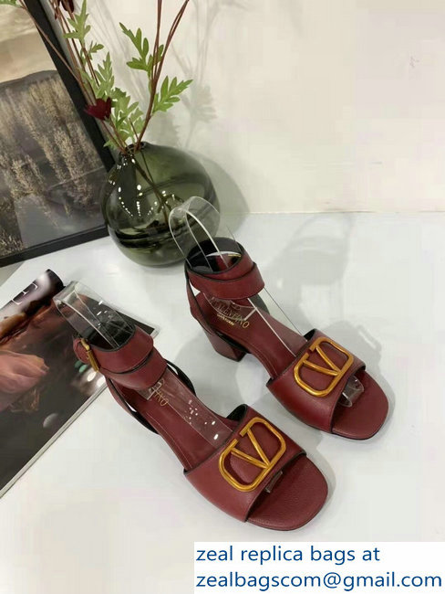 Valentino Mid-Heel Cowhide Sandals Burgundy With Go Logo Detail 2019