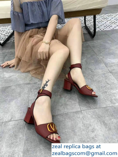 Valentino Mid-Heel Cowhide Sandals Burgundy With Go Logo Detail 2019