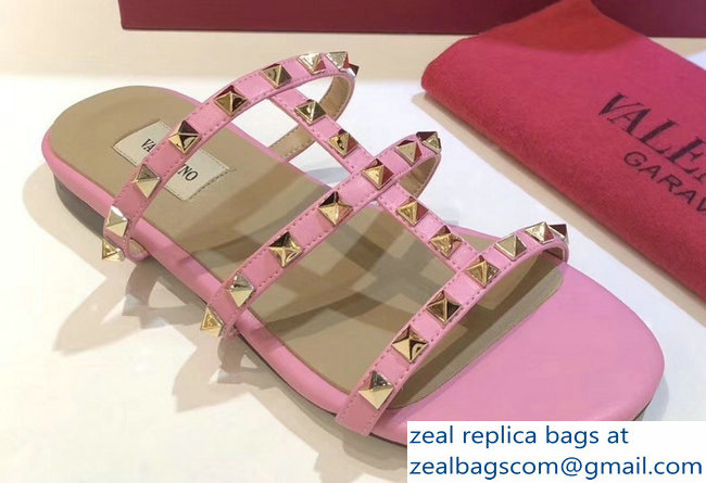 Valentino Rockstud Flat Slide Sandals Pink - Click Image to Close