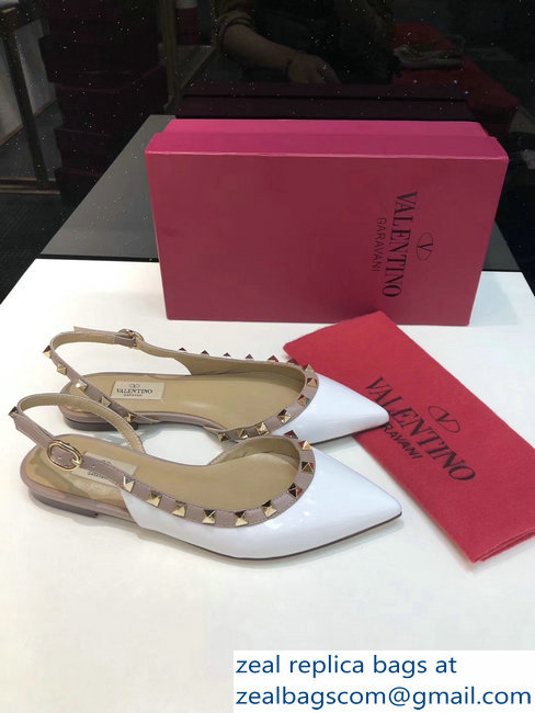 Valentino Rockstud Patent Leather Slingback Ballet Flats White