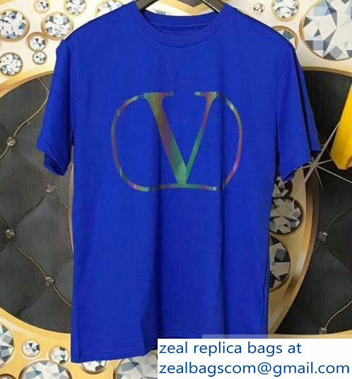 Valentino V Go Logo Print T-Shirt Blue 2019 - Click Image to Close