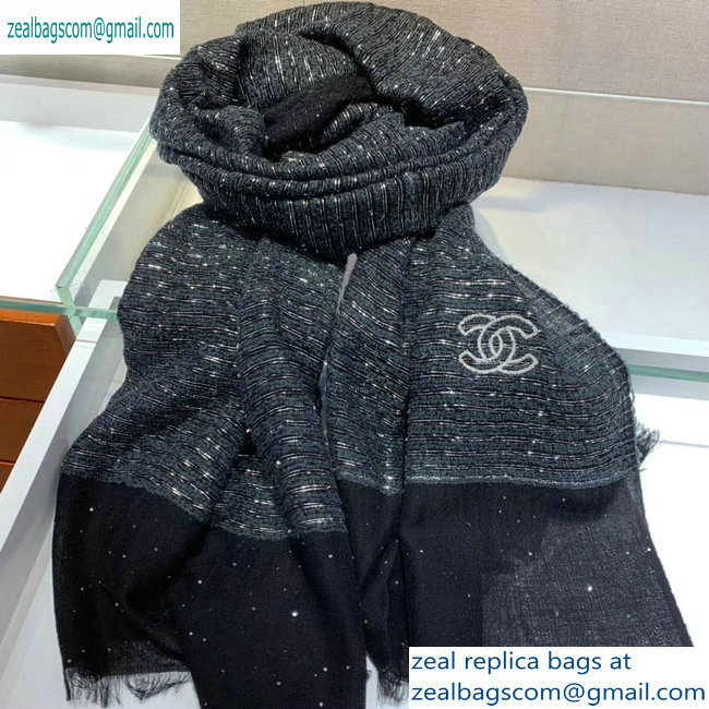 Chanel CC Logo Sequins Fringe Scarf 90x90cm Black/Silver 2019