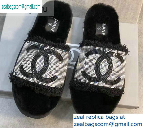 Chanel CC Logo Shearling Mules Slipper Sandals Black 2019