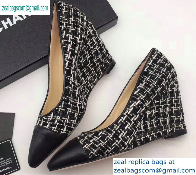 Chanel Chain Heel 8cm Wedge Pumps Tweed Grid White/Black 2019
